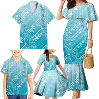 Hawaii Turquoise Kapa Family Matching Mermaid Dress and Hawaiian Shirt Vintage 'Ohe Kāpala Motifs Mix Plumeria Leis LT7 - Polynesian Pride