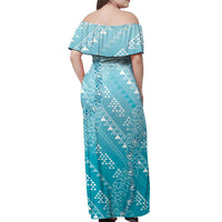 Hawaii Turquoise Kapa Off Shoulder Maxi Dress Vintage 'Ohe Kāpala Motifs Mix Plumeria Leis LT7 - Polynesian Pride