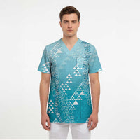 Hawaii Turquoise Kapa Scrub Top Vintage 'Ohe Kāpala Motifs Mix Plumeria Leis