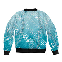 Hawaii Turquoise Kapa Sleeve Zip Bomber Jacket Vintage 'Ohe Kāpala Motifs Mix Plumeria Leis