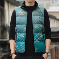 Hawaii Turquoise Kapa Sleeveless Puffer Jacket Vintage 'Ohe Kāpala Motifs Mix Plumeria Leis LT7 - Polynesian Pride