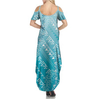 Hawaii Turquoise Kapa Summer Maxi Dress Vintage 'Ohe Kāpala Motifs Mix Plumeria Leis LT7 - Polynesian Pride
