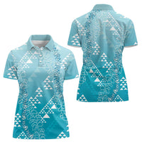 Hawaii Turquoise Kapa Women Polo Shirt Vintage 'Ohe Kāpala Motifs Mix Plumeria Leis