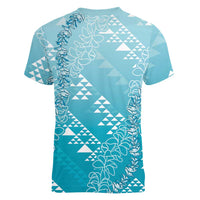 Hawaii Turquoise Kapa Women V-Neck T-Shirt Vintage 'Ohe Kāpala Motifs Mix Plumeria Leis