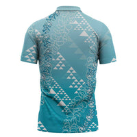 Hawaii Turquoise Kapa Zipper Polo Shirt Vintage 'Ohe Kāpala Motifs Mix Plumeria Leis