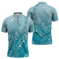 Hawaii Turquoise Kapa Zipper Polo Shirt Vintage 'Ohe Kāpala Motifs Mix Plumeria Leis