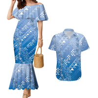Hawaii Royal Blue Kapa Couples Matching Mermaid Dress and Hawaiian Shirt Vintage 'Ohe Kāpala Motifs Mix Plumeria Leis LT7 Royal Blue - Polynesian Pride