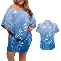 Hawaii Royal Blue Kapa Couples Matching Off Shoulder Short Dress and Hawaiian Shirt Vintage 'Ohe Kāpala Motifs Mix Plumeria Leis