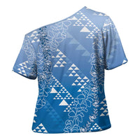 Hawaii Royal Blue Kapa Cross Shoulder Shirt Vintage 'Ohe Kāpala Motifs Mix Plumeria Leis LT7 - Polynesian Pride