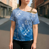 Hawaii Royal Blue Kapa Cross Shoulder Shirt Vintage 'Ohe Kāpala Motifs Mix Plumeria Leis LT7 - Polynesian Pride
