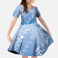 Hawaii Royal Blue Kapa Family Matching Off Shoulder Maxi Dress and Hawaiian Shirt Vintage 'Ohe Kāpala Motifs Mix Plumeria Leis LT7 Daughter's Dress Royal Blue - Polynesian Pride