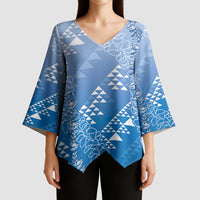 Hawaii Royal Blue Kapa Kimono Sleeve Blouse Vintage 'Ohe Kāpala Motifs Mix Plumeria Leis LT7 - Polynesian Pride