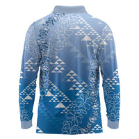 Hawaii Royal Blue Kapa Long Sleeve Polo Shirt Vintage 'Ohe Kāpala Motifs Mix Plumeria Leis