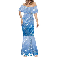 Hawaii Royal Blue Kapa Mermaid Dress Vintage 'Ohe Kāpala Motifs Mix Plumeria Leis LT7 - Polynesian Pride