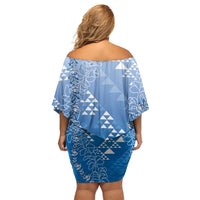Hawaii Royal Blue Kapa Off Shoulder Short Dress Vintage 'Ohe Kāpala Motifs Mix Plumeria Leis LT7 - Polynesian Pride