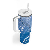 Hawaii Royal Blue Kapa Tumbler With Handle Vintage 'Ohe Kāpala Motifs Mix Plumeria Leis LT7 - Polynesian Pride