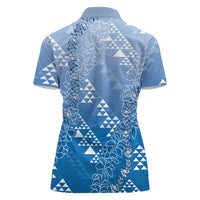 Hawaii Royal Blue Kapa Women Polo Shirt Vintage 'Ohe Kāpala Motifs Mix Plumeria Leis