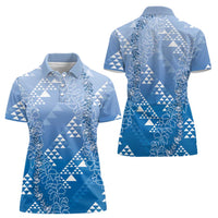 Hawaii Royal Blue Kapa Women Polo Shirt Vintage 'Ohe Kāpala Motifs Mix Plumeria Leis