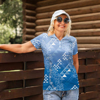 Hawaii Royal Blue Kapa Women Polo Shirt Vintage 'Ohe Kāpala Motifs Mix Plumeria Leis