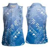 Hawaii Royal Blue Kapa Women Sleeveless Polo Shirt Vintage 'Ohe Kāpala Motifs Mix Plumeria Leis