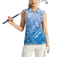 Hawaii Royal Blue Kapa Women Sleeveless Polo Shirt Vintage 'Ohe Kāpala Motifs Mix Plumeria Leis