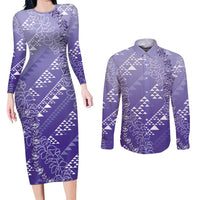 Hawaii Lavender Kapa Couples Matching Long Sleeve Bodycon Dress and Long Sleeve Button Shirt Vintage 'Ohe Kāpala Motifs Mix Plumeria Leis