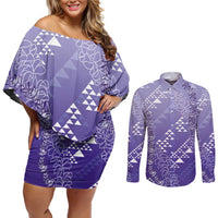 Hawaii Lavender Kapa Couples Matching Off Shoulder Short Dress and Long Sleeve Button Shirt Vintage 'Ohe Kāpala Motifs Mix Plumeria Leis