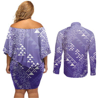 Hawaii Lavender Kapa Couples Matching Off Shoulder Short Dress and Long Sleeve Button Shirt Vintage 'Ohe Kāpala Motifs Mix Plumeria Leis