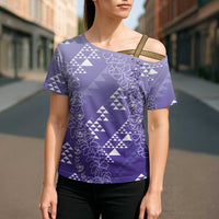 Hawaii Lavender Kapa Cross Shoulder Shirt Vintage 'Ohe Kāpala Motifs Mix Plumeria Leis LT7 - Polynesian Pride