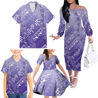 Hawaii Lavender Kapa Family Matching Off The Shoulder Long Sleeve Dress and Hawaiian Shirt Vintage 'Ohe Kāpala Motifs Mix Plumeria Leis LT7 - Polynesian Pride