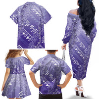 Hawaii Lavender Kapa Family Matching Off The Shoulder Long Sleeve Dress and Hawaiian Shirt Vintage 'Ohe Kāpala Motifs Mix Plumeria Leis LT7 - Polynesian Pride