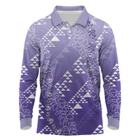 Hawaii Lavender Kapa Long Sleeve Polo Shirt Vintage 'Ohe Kāpala Motifs Mix Plumeria Leis