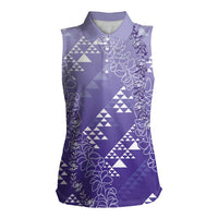 Hawaii Lavender Kapa Women Sleeveless Polo Shirt Vintage 'Ohe Kāpala Motifs Mix Plumeria Leis