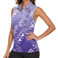Hawaii Lavender Kapa Women Sleeveless Polo Shirt Vintage 'Ohe Kāpala Motifs Mix Plumeria Leis