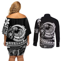 Polynesian Plumeria Couples Matching Off Shoulder Short Dress and Long Sleeve Button Shirts Ride The Waves - Black LT7 - Polynesian Pride