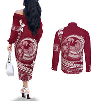 Polynesian Plumeria Couples Matching Off The Shoulder Long Sleeve Dress and Long Sleeve Button Shirts Ride The Waves - Burgundy LT7 - Polynesian Pride