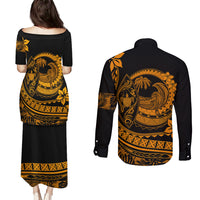 Polynesian Plumeria Couples Matching Puletasi Dress and Long Sleeve Button Shirts Ride The Waves - Orange LT7 - Polynesian Pride