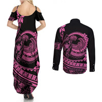 Polynesian Plumeria Couples Matching Summer Maxi Dress and Long Sleeve Button Shirts Ride The Waves - Pink LT7 - Polynesian Pride