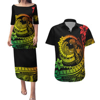 Polynesian Plumeria Couples Matching Puletasi Dress and Hawaiian Shirt Ride The Waves - Reggae LT7 Reggae - Polynesian Pride