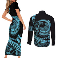 Polynesian Plumeria Couples Matching Short Sleeve Bodycon Dress and Long Sleeve Button Shirts Ride The Waves - Turquoise LT7 - Polynesian Pride