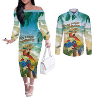 Aloha Hawaii It's 5 o'clock Somewhere Couples Matching Off The Shoulder Long Sleeve Dress and Long Sleeve Button Shirt - Polynesian Pride
