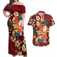 Crimson Red Tropical Christmas Hawaii Tapa Couples Matching Off Shoulder Maxi Dress and Hawaiian Shirt Aloha Santa Drink Party - Polynesian Pride