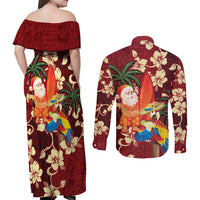 Crimson Red Tropical Christmas Hawaii Tapa Couples Matching Off Shoulder Maxi Dress and Long Sleeve Button Shirt Aloha Santa Drink Party - Polynesian Pride