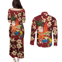 Crimson Red Tropical Christmas Hawaii Tapa Couples Matching Puletasi and Long Sleeve Button Shirt Aloha Santa Drink Party - Polynesian Pride