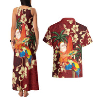 Crimson Red Tropical Christmas Hawaii Tapa Couples Matching Tank Maxi Dress and Hawaiian Shirt Aloha Santa Drink Party - Polynesian Pride