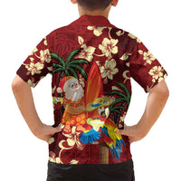 Crimson Red Tropical Christmas Hawaii Tapa Family Matching Long Sleeve Bodycon Dress and Hawaiian Shirt Aloha Santa Drink Party - Polynesian Pride