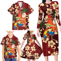 Crimson Red Tropical Christmas Hawaii Tapa Family Matching Long Sleeve Bodycon Dress and Hawaiian Shirt Aloha Santa Drink Party - Polynesian Pride