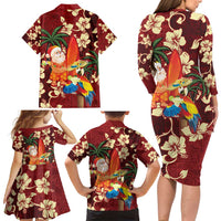 Crimson Red Tropical Christmas Hawaii Tapa Family Matching Long Sleeve Bodycon Dress and Hawaiian Shirt Aloha Santa Drink Party - Polynesian Pride