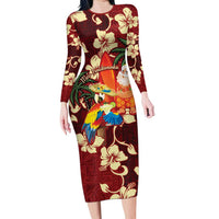 Crimson Red Tropical Christmas Hawaii Tapa Family Matching Long Sleeve Bodycon Dress and Hawaiian Shirt Aloha Santa Drink Party - Polynesian Pride