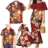 Crimson Red Tropical Christmas Hawaii Tapa Family Matching Mermaid Dress and Hawaiian Shirt Aloha Santa Drink Party - Polynesian Pride